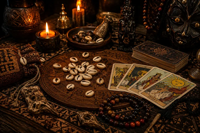 Outils de divination traditionnelle avec cauris, tapis de Fâ, cartes ésotériques et bougies illustrant une consultation spirituelle inspirée des traditions africaines.