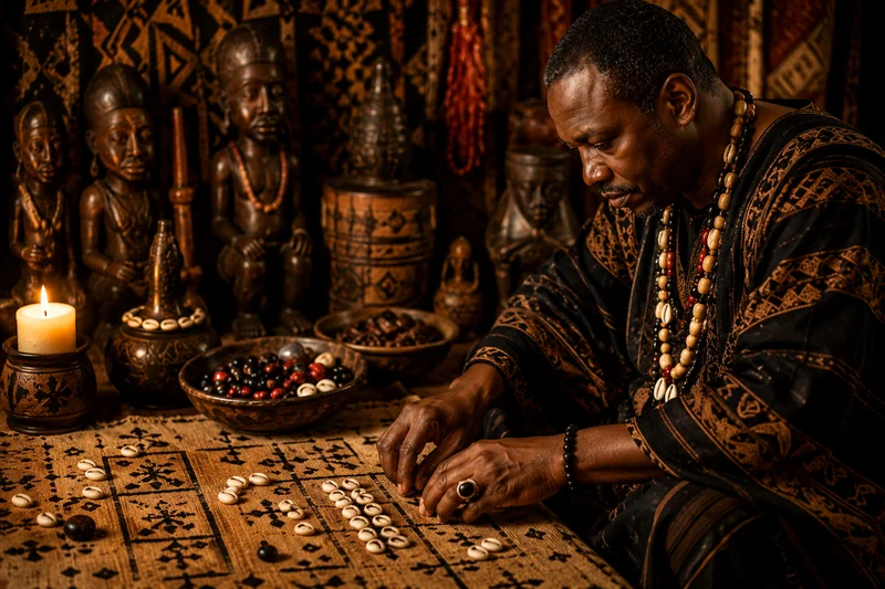 Grand Maître Antoine Zounyekpe effectuant une consultation de voyance avec le Fâ africain et des cauris selon les traditions spirituelles africaines. 