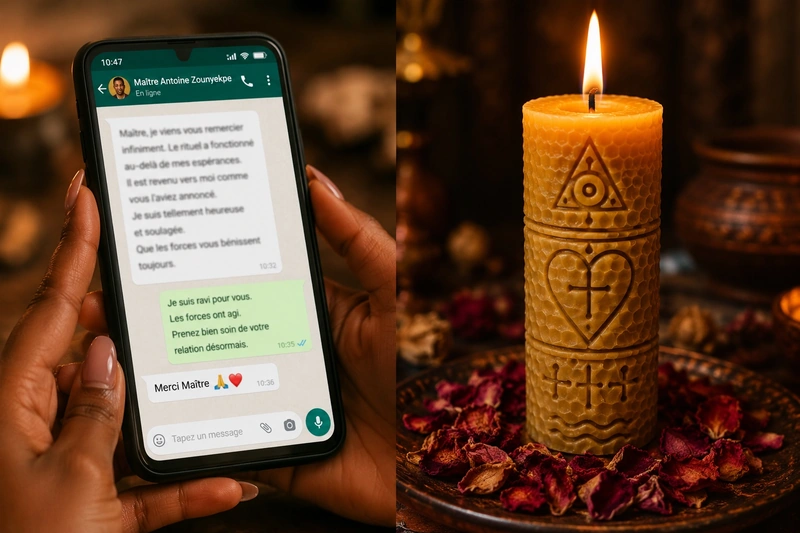 Capture d'écran WhatsApp d'un avis client satisfait après un rituel d'amour réussi.