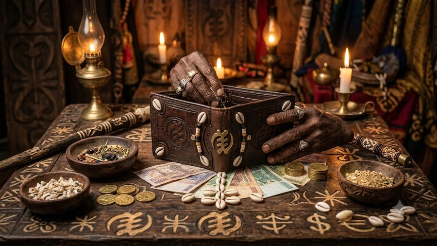 Portefeuille magique traditionnel entouré de cauris, pièces, billets et objets rituels, illustrant les traditions spirituelles africaines liées à la prospérité et à l'abondance.