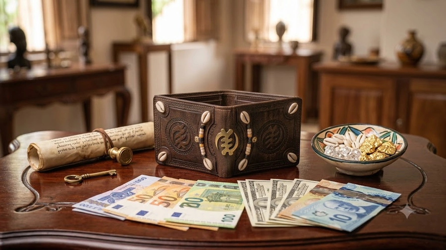 Portefeuille magique traditionnel avec billets, cauris, pierres et objets symboliques illustrant les traditions spirituelles africaines liées à la prospérité et à l'abondance.