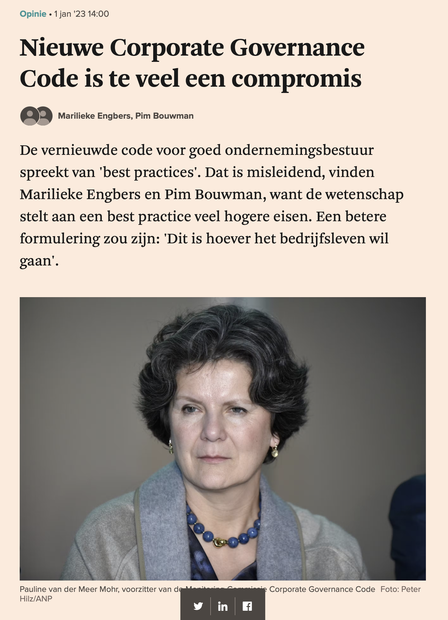 Column in FD: De Nieuwe Corporate Governance Code is teveel een compromis