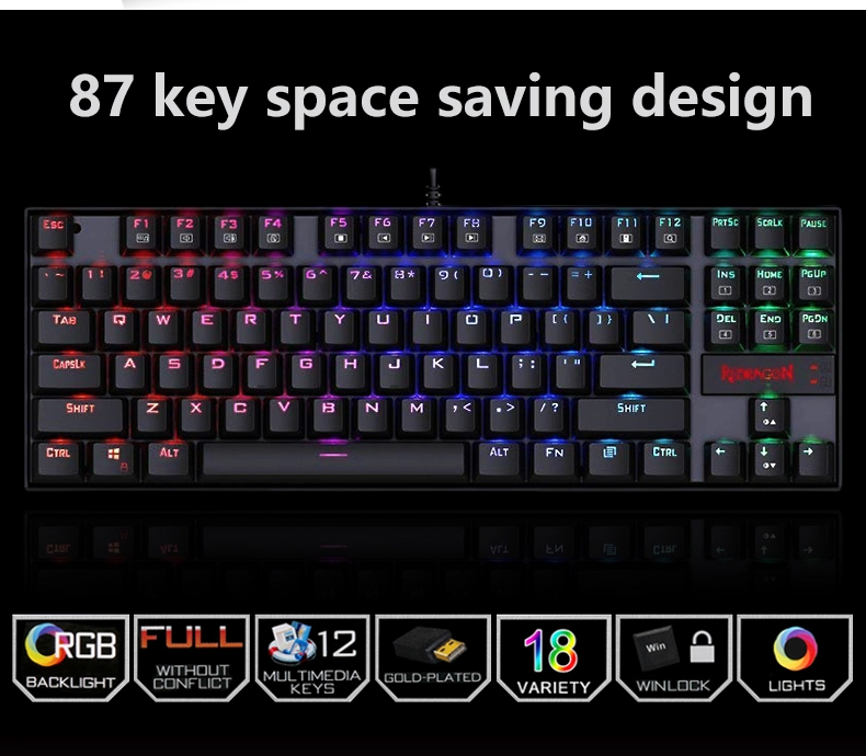 Multimedia Style Redragon K552 Wired Gamer Computer 87 Keys RGB LED Gaming Mechanical Keyboard