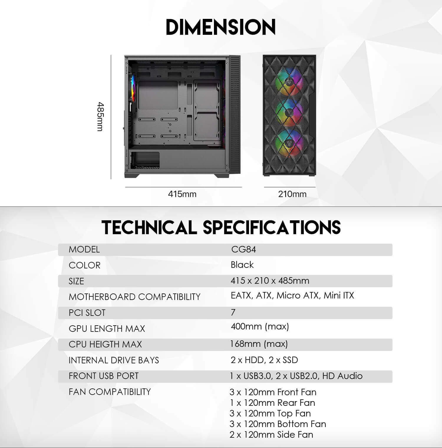 FANTECH RHOMBUS XL CG84 MID TOWER CASE – BLACK
