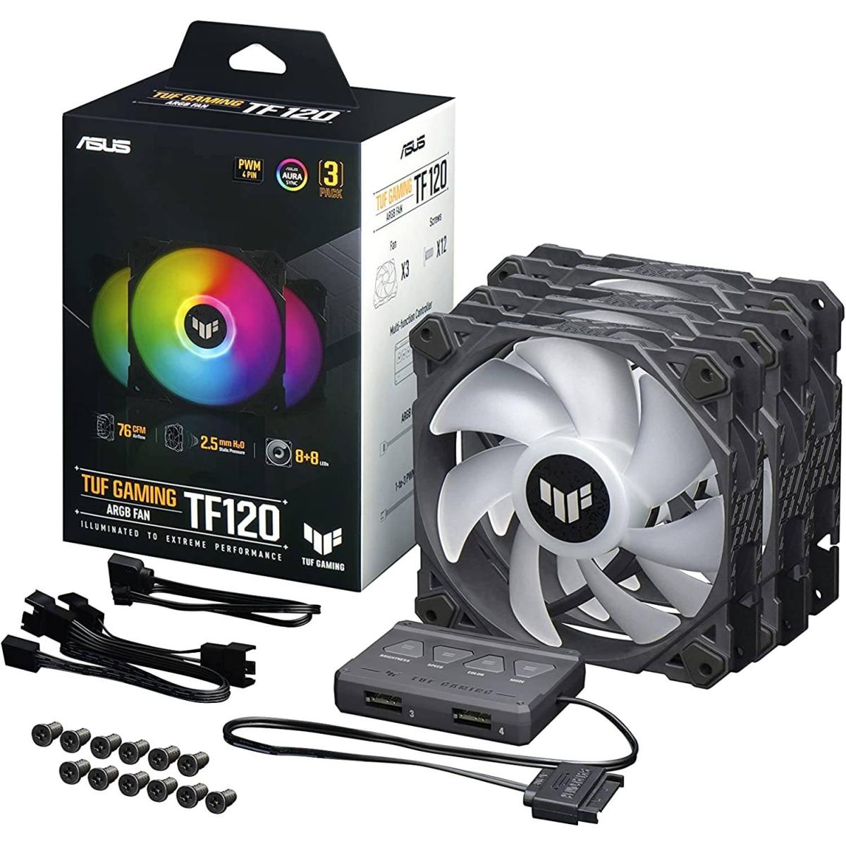 ASUS TUF Gaming TF120 ARGB Chassis Fan 3 Pack 3Pin Customizable LEDs, Advanced Fluid Dynamic Bearing, 120mm PWM ControlLighting the WayAdvanced Fluid Dynamic BearingExemplary PerformancePWM Fan ControlPre-installed Anti-vibration PadsDouble-layer LED Arra