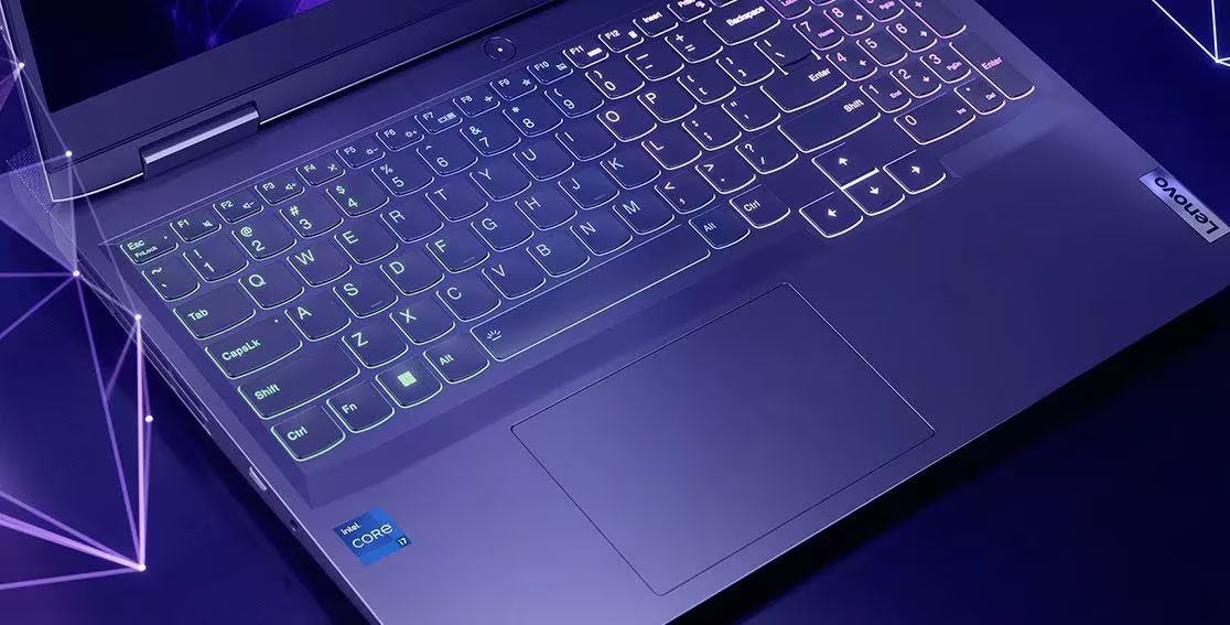 Closeup of Lenovo LOQ 15IRH8 keyboard with RGB keyboard backlight turned on