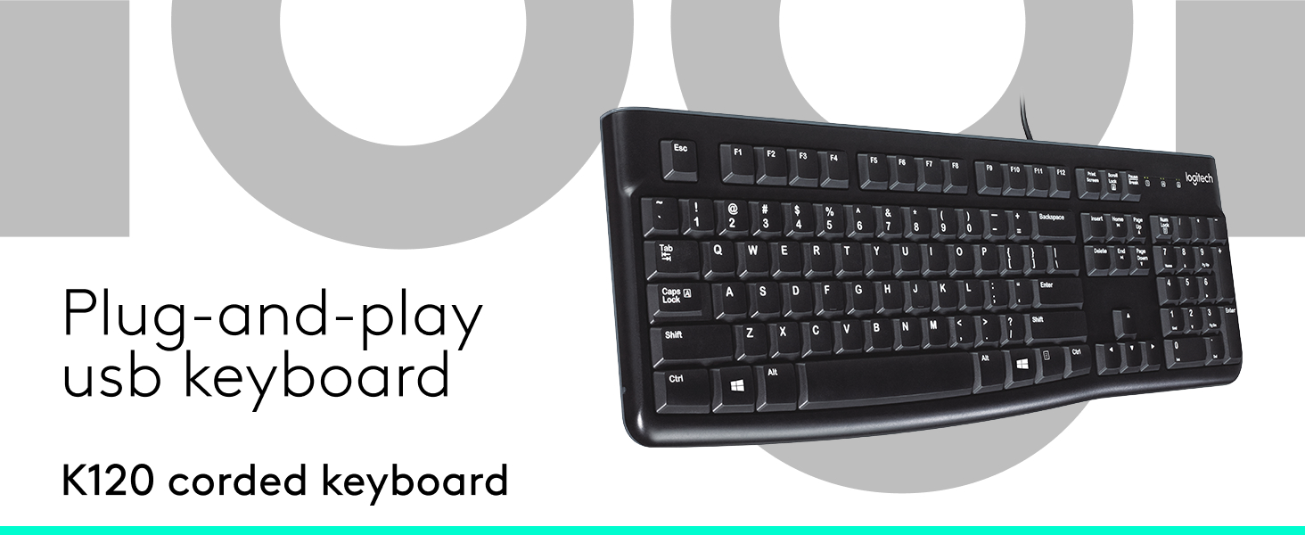 Logitech K120 Wired Keyboard for Windows, USB Plug-and-Play, Full-Size, Spill-Resistant