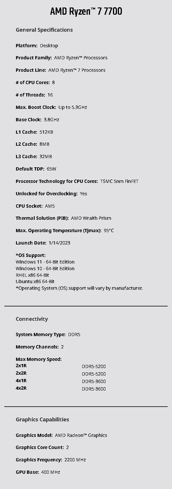AMD Ryzen 7 7700 AM5 3.8 GHz Unlocked CPU Processor + Wraith Prism - Desktop Specifications
