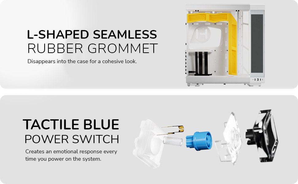 New HYTE Y70 Touch Infinite ATX PC case uses grommets and blue power switches.