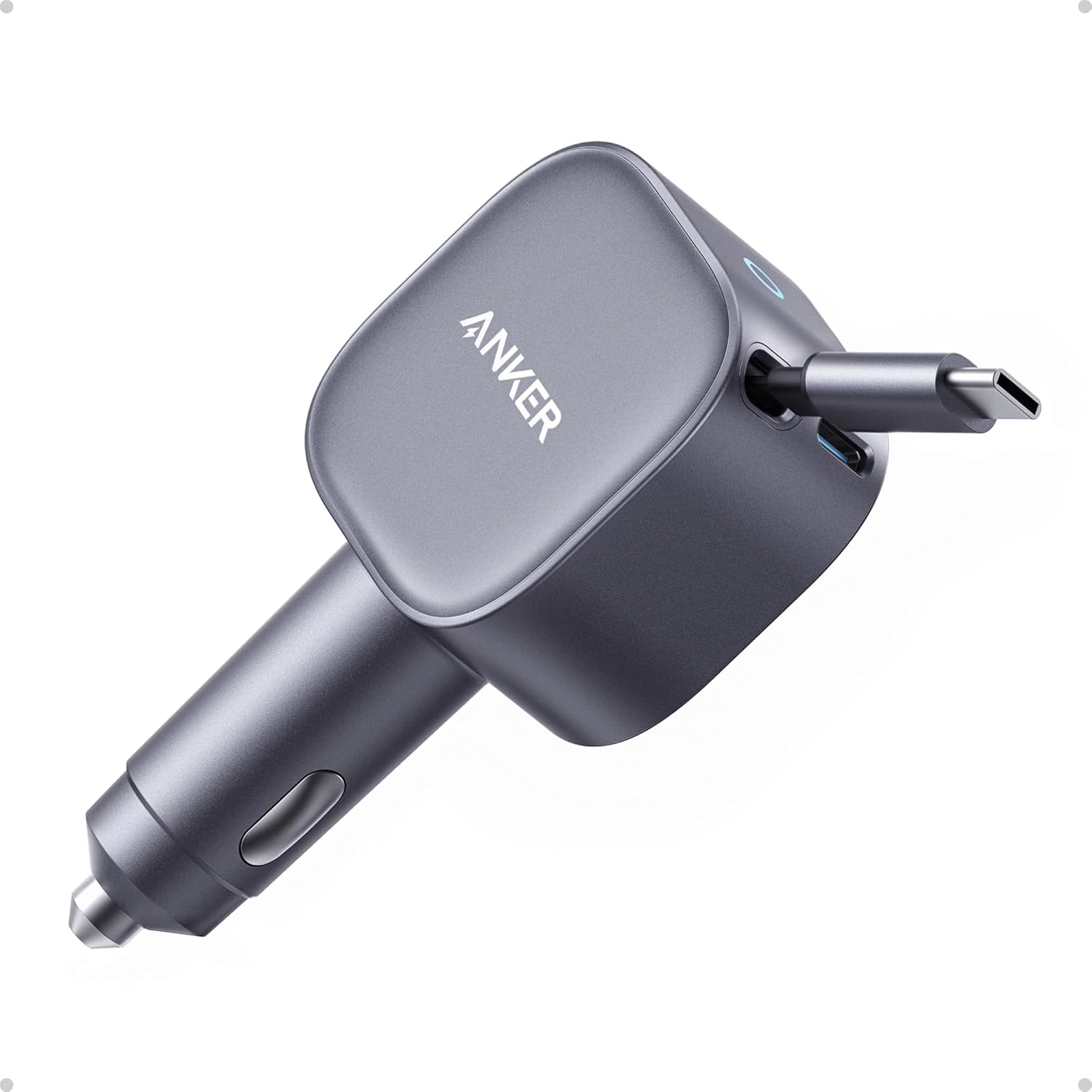 Anker Nano 75W Fast Car Charger with Retractable Cable Gray