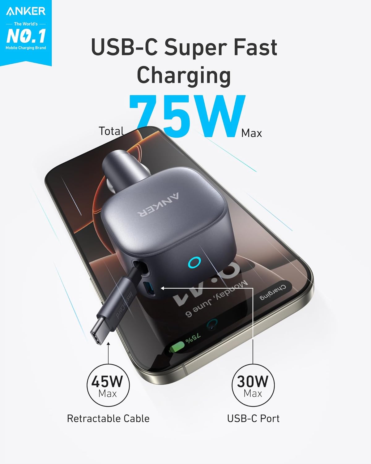 Anker Nano 75W Fast Car Charger with Retractable Cable Gray Anker Nano 75W Fast Car Charger with Retractable Cable Gray
