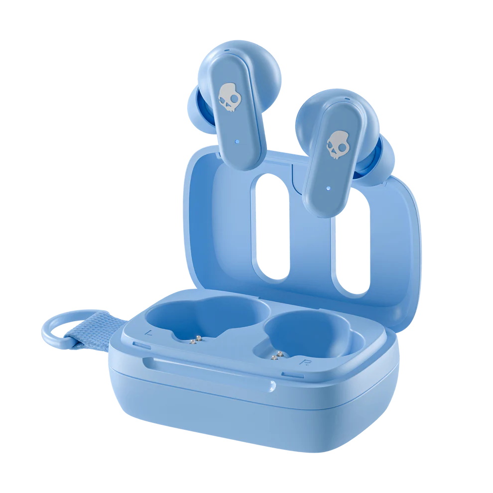 Skullcandy Dime 3 Wireless Earbuds, Bluetooth Headphones, Noise Isolating Fit, Up to 20 Hours Battery, Microphone for iPhone Android, Easy Carry with Integrated Lanyard-Preppy BLue