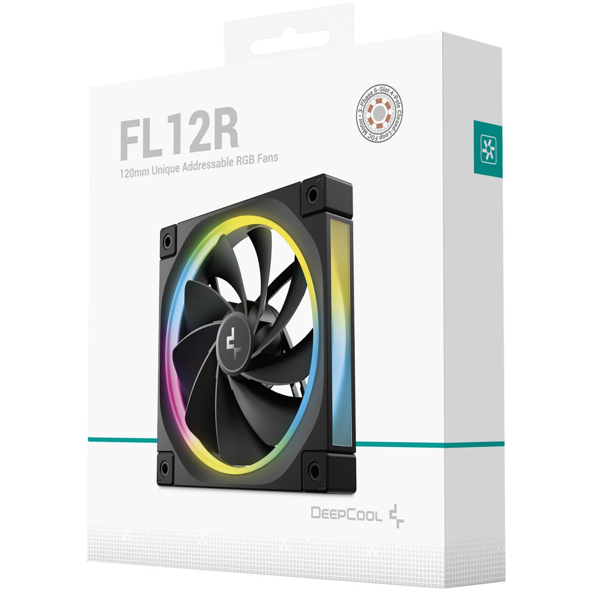 DeepCool FL12 120mm Case Fans, 2150 RPM Fan Speed, 55 CFM Fan Airflow, Fluid Dynamic Bearing Type, 4-Pin PWM Fan Connector, Addressable RGB LED, Single Pack, Black
