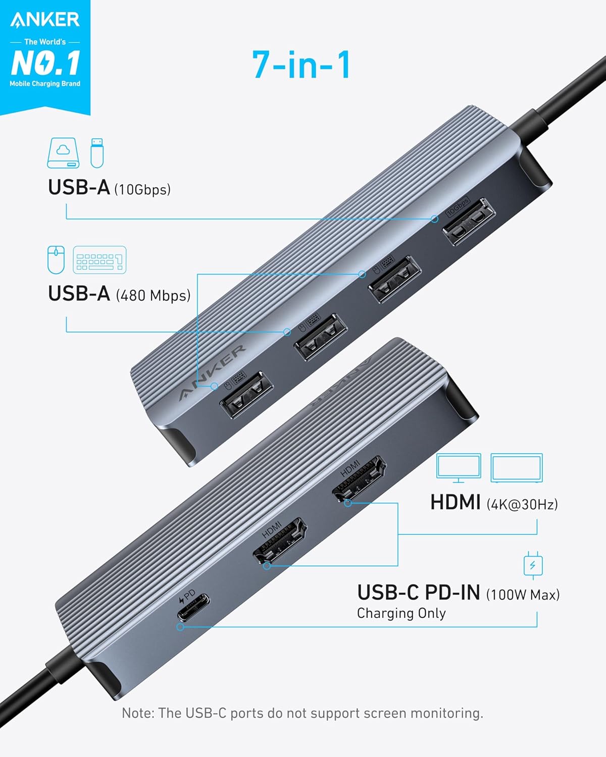 Anker 7-in-1 USB-C Hub, Dual Monitor USB C Docking Station, Dual HDMI Display, 85W Max Output, 10Gbps Data Transfers Anker 7-in-1 USB-C Hub, Dual Monitor USB C Docking Station, Dual HDMI Display, 85W Max Output, 10Gbps Data Transfers