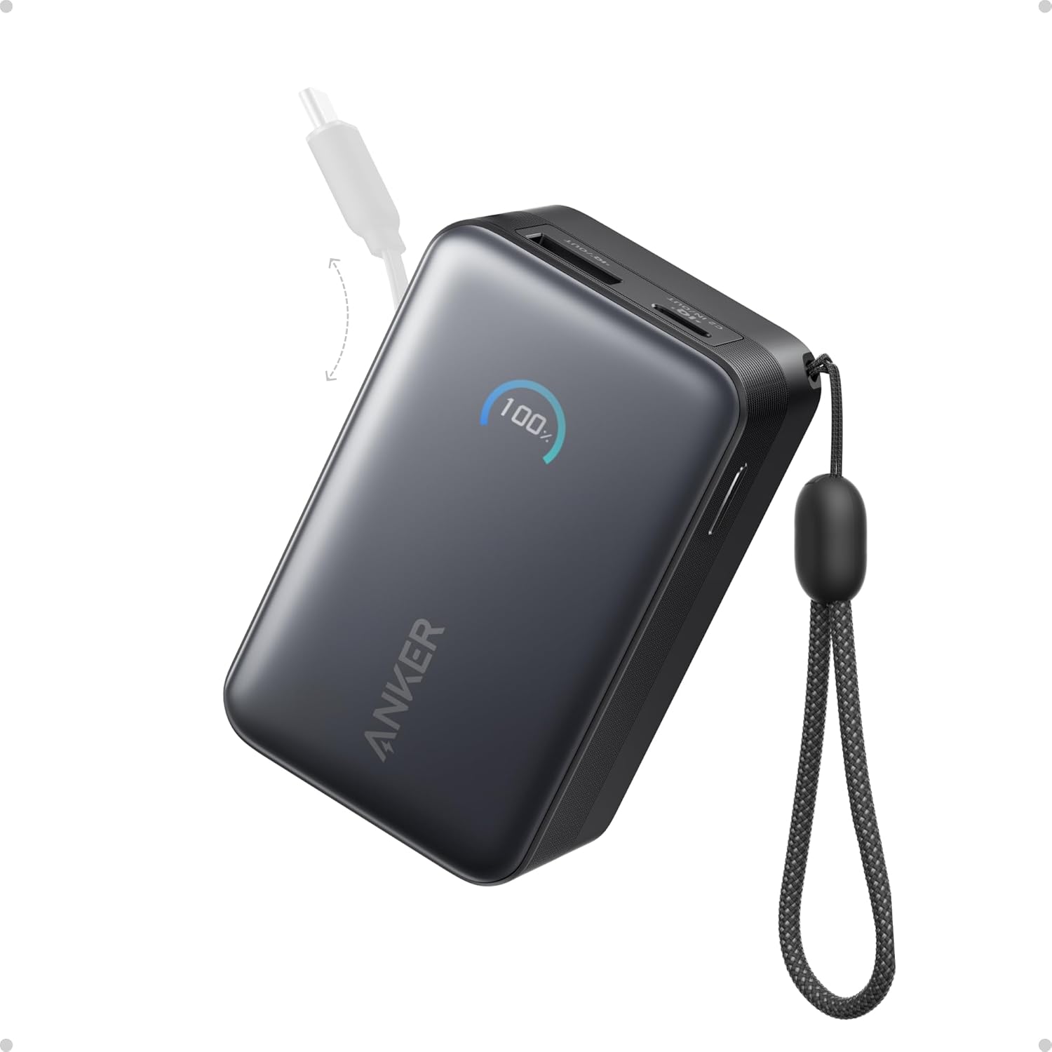 Anker Nano Portable Charger, 45W 10000mAh with 2.3 ft Retractable Cable, Compact Power Bank - black