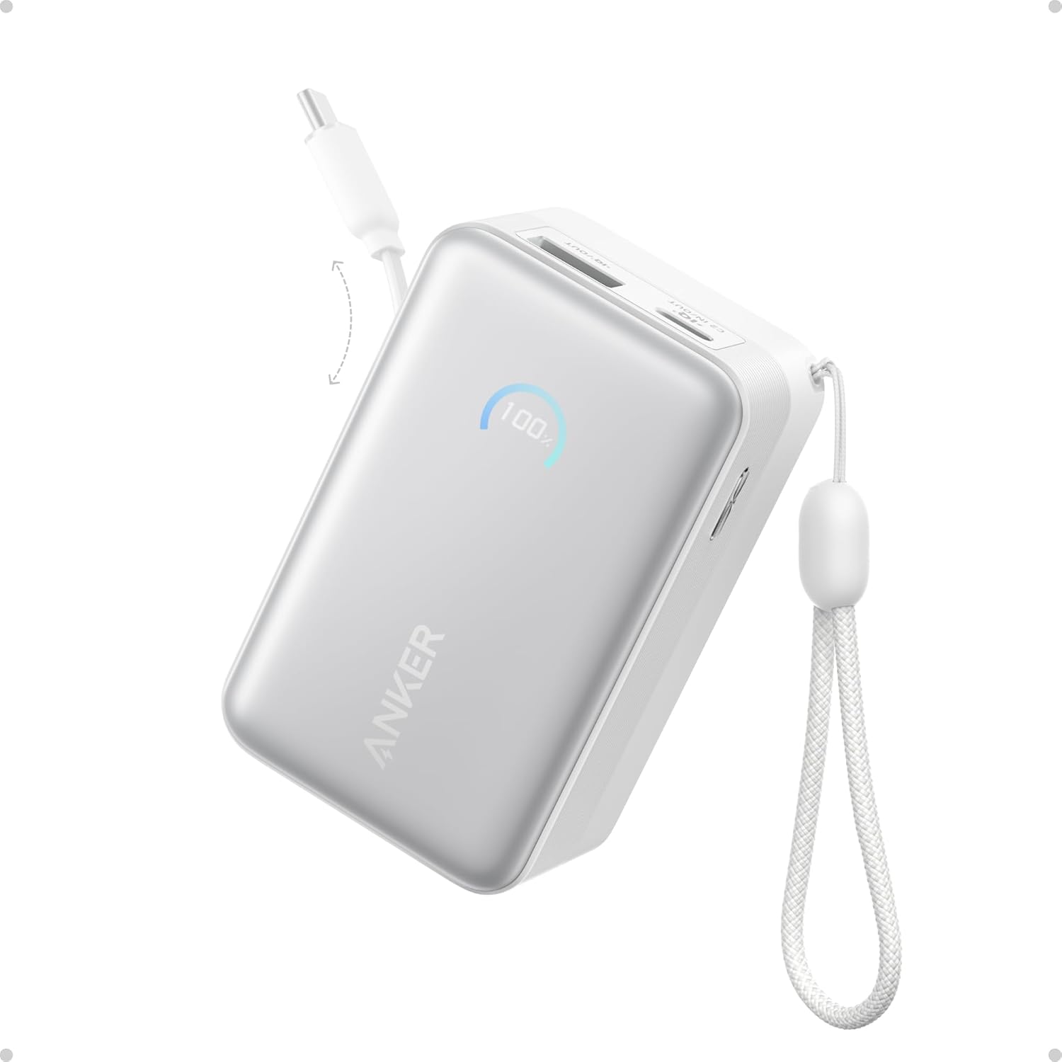 Anker Nano Portable Charger, 45W 10000mAh with 2.3 ft Retractable Cable, Compact Power Bank -White