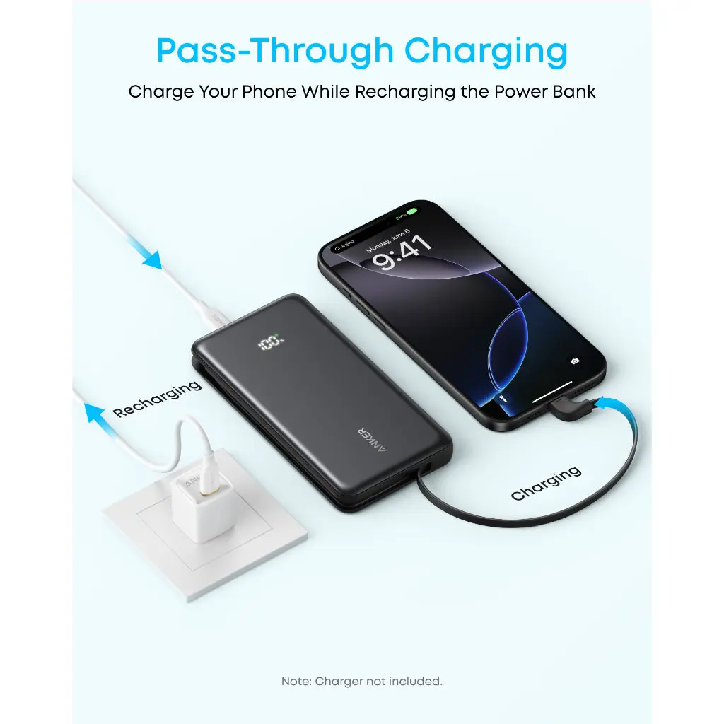 Anker Zolo Power Bank, 10k, 22.5W Max,USB-C In 22.5W Fast Charging Power Bank with Built-in USB-C Cable A110D Anker Zolo Power Bank, 10k, 22.5W Max,USB-C In 22.5W Fast Charging Power Bank with Built-in USB-C Cable A110D
