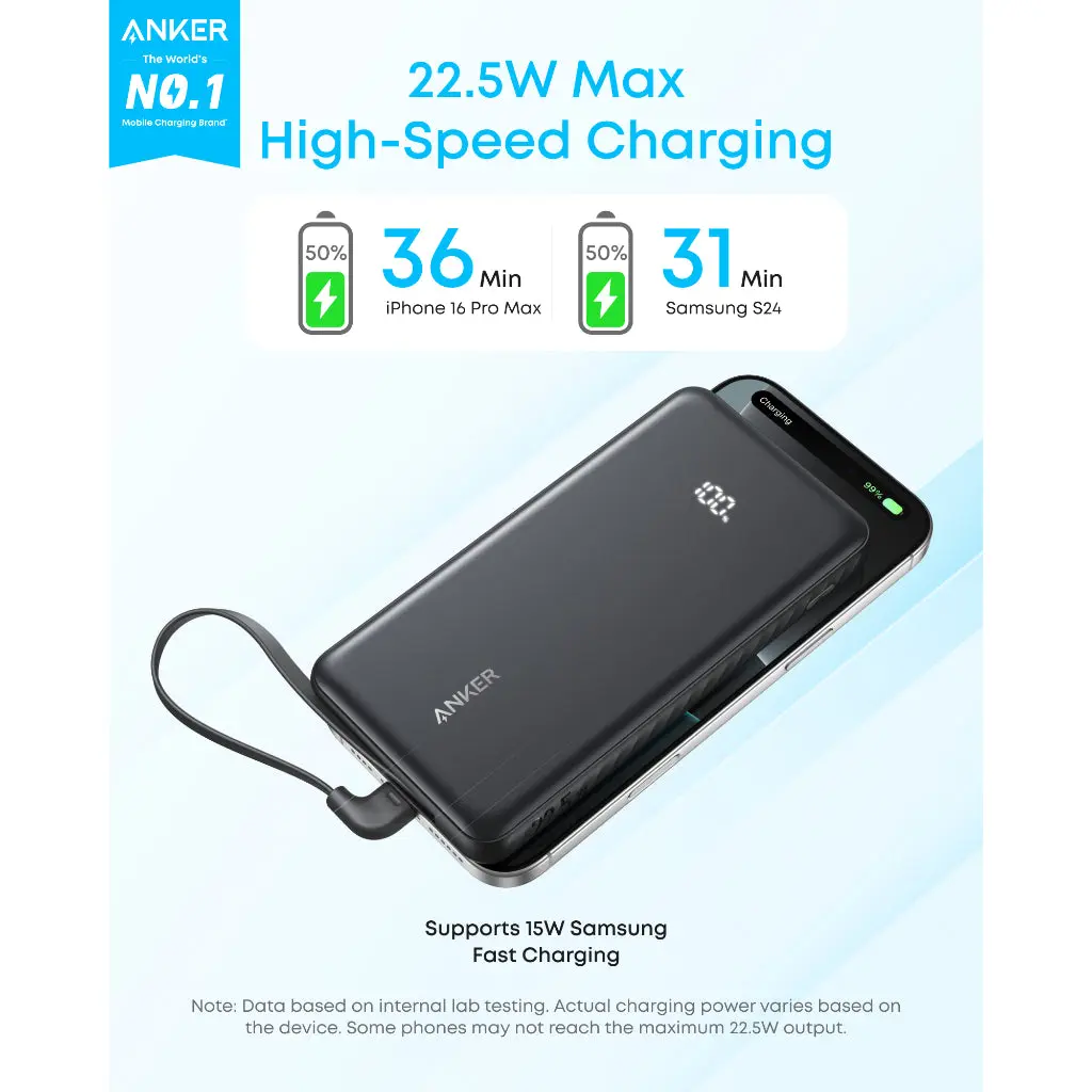 Anker Zolo Power Bank, 10k, 22.5W Max,USB-C In 22.5W Fast Charging Power Bank with Built-in USB-C Cable A110D Anker Zolo Power Bank, 10k, 22.5W Max,USB-C In 22.5W Fast Charging Power Bank with Built-in USB-C Cable A110D