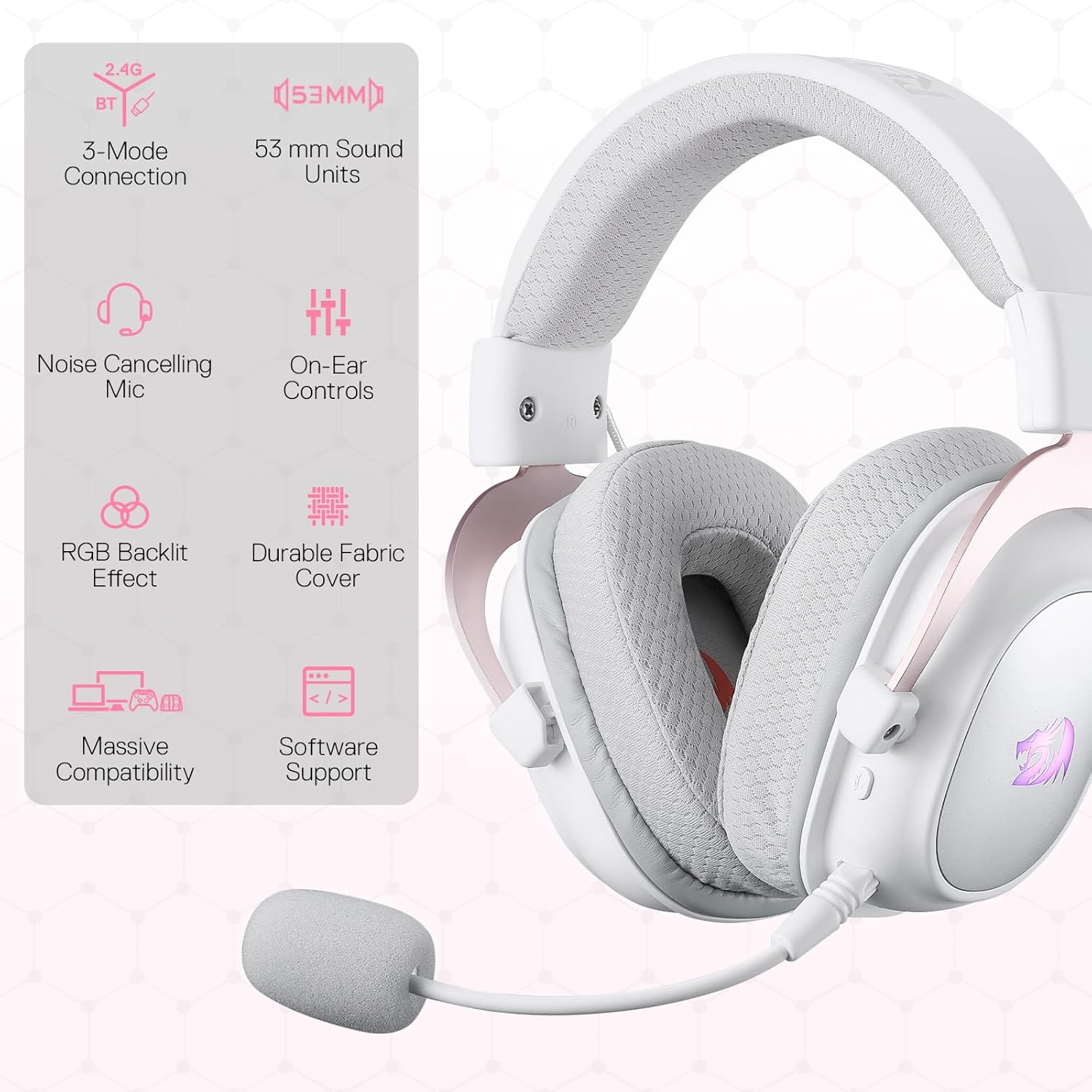 Redragon H510 PRO Zeus RGB Wireless Gaming Headset - 7.1 Surround Sound- White Redragon H510 PRO Zeus RGB Wireless Gaming Headset - 7.1 Surround Sound- White