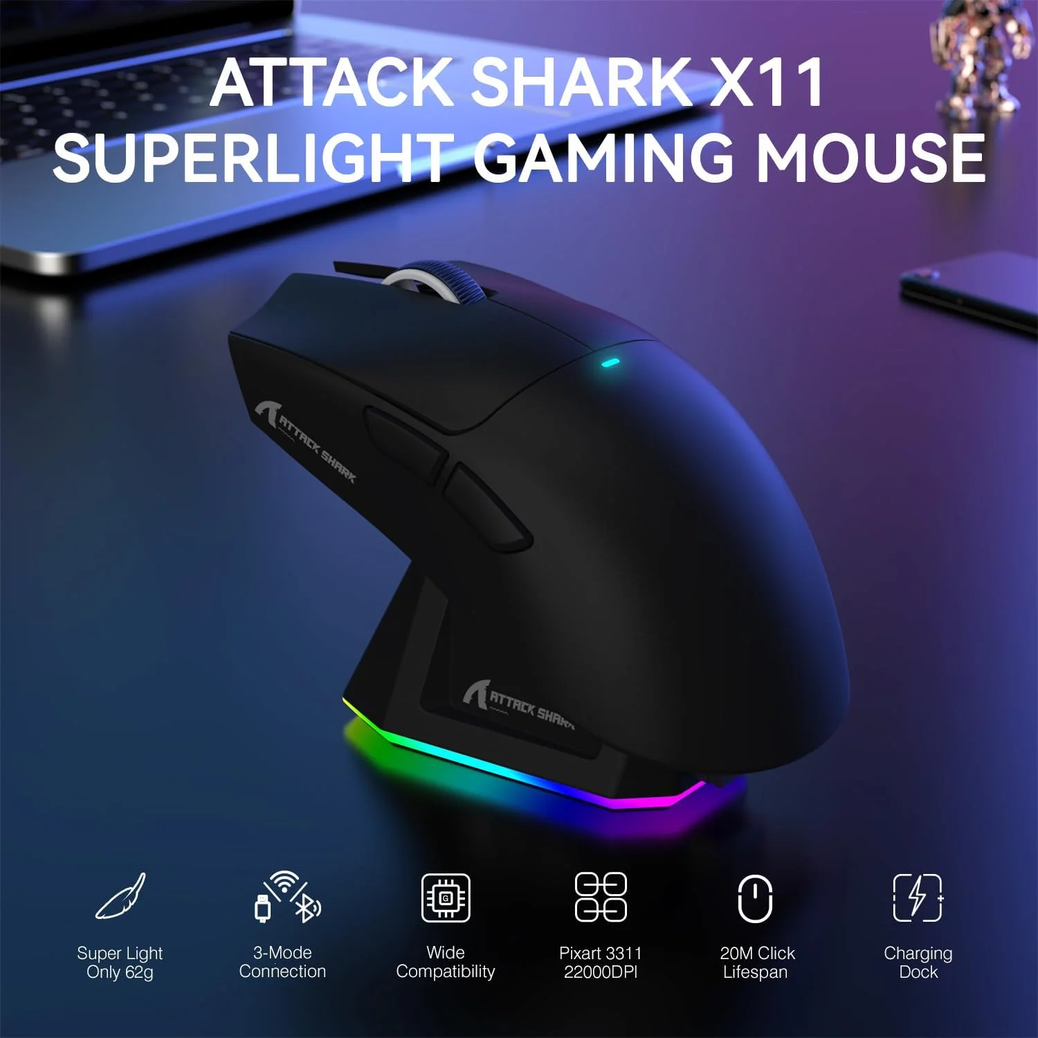 ATTACK SHARK X11 Lightweight Wireless Gaming Mouse with RGB Charging Dock,Tri-Mode-2.4G/USB-C Wired/BT,22K DPI,PAW3311 Optical Sensor - Black