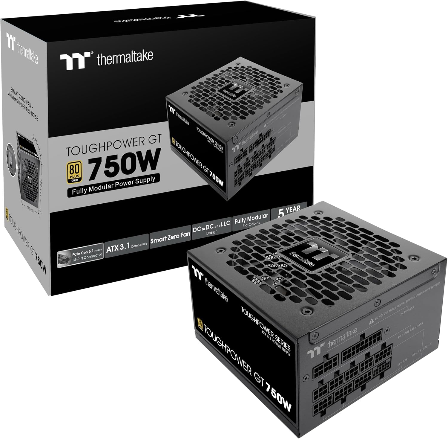 Thermaltake Toughpower GT 750W ATX 3.1 Standard Power Supply 80 Plus Gold Efficiency; Smart Zero Fan