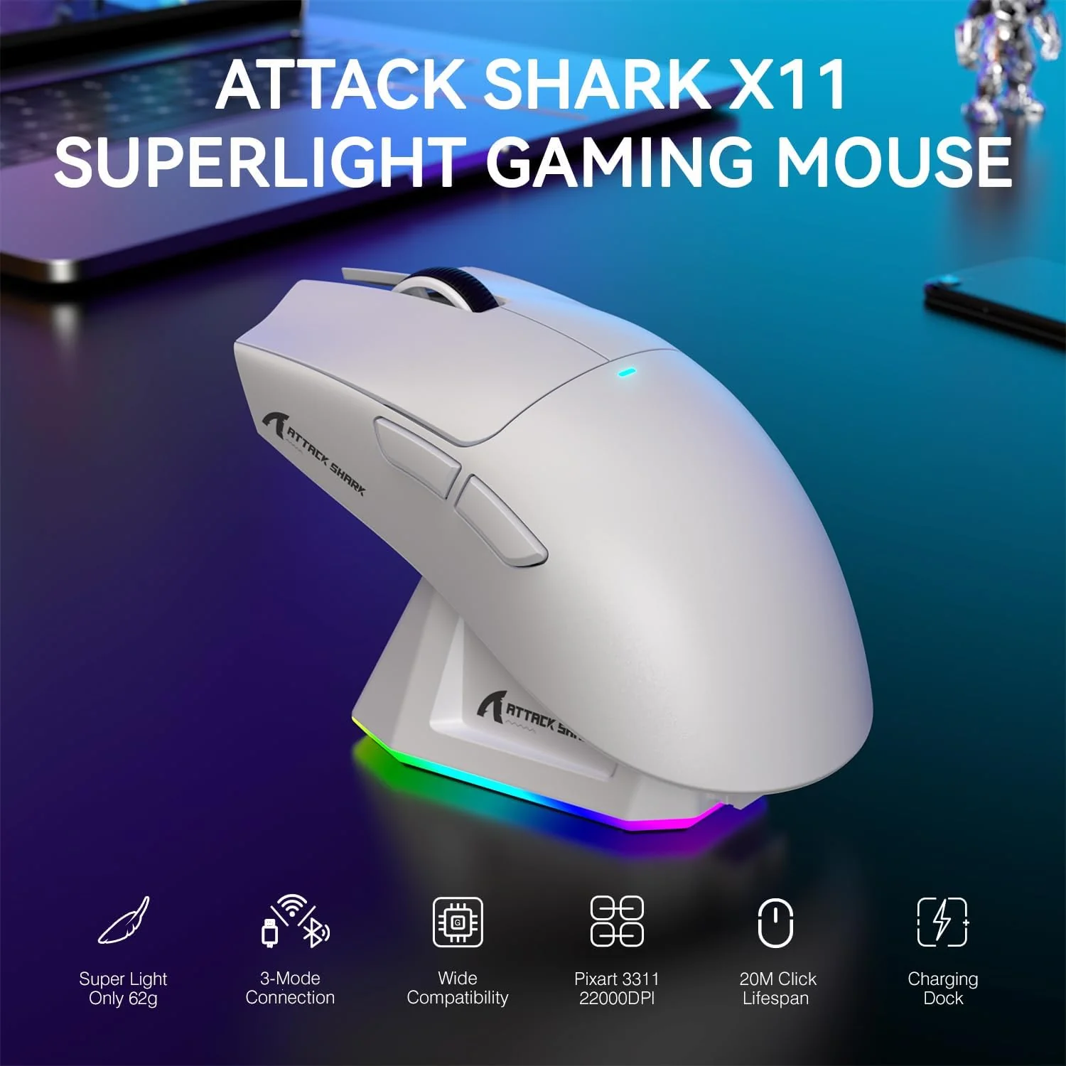 ATTACK SHARK X11 Lightweight Wireless Gaming Mouse with RGB Charging Dock,Tri-Mode-2.4G/USB-C Wired/BT,22K DPI,PAW3311 Optical Sensor - White