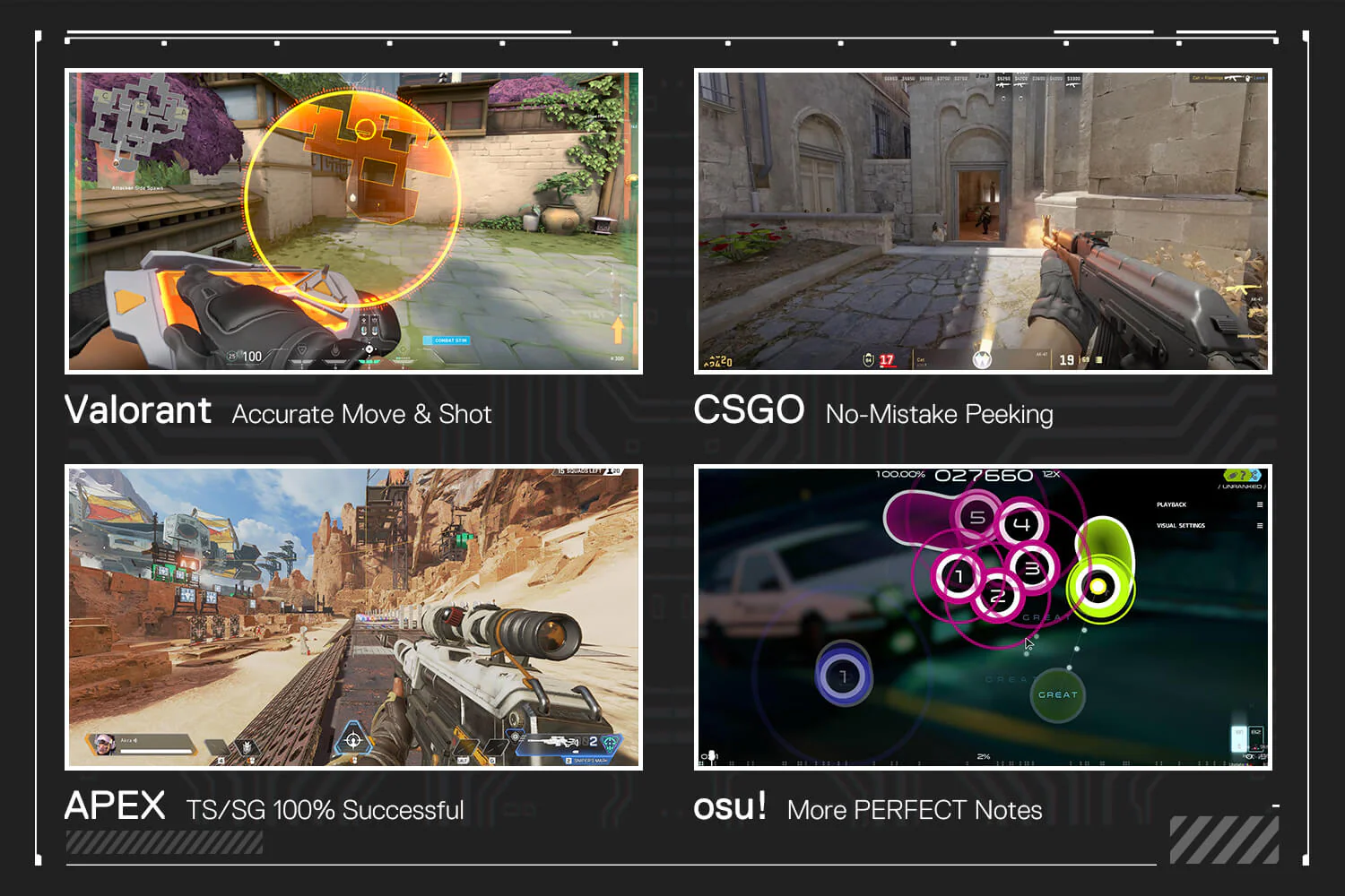Redragon K617 Gaming Keyboard in Action with Various Games like Valorant, CSGO, APEX, and osu!, Highlighting Accurate Control and Rapid Response