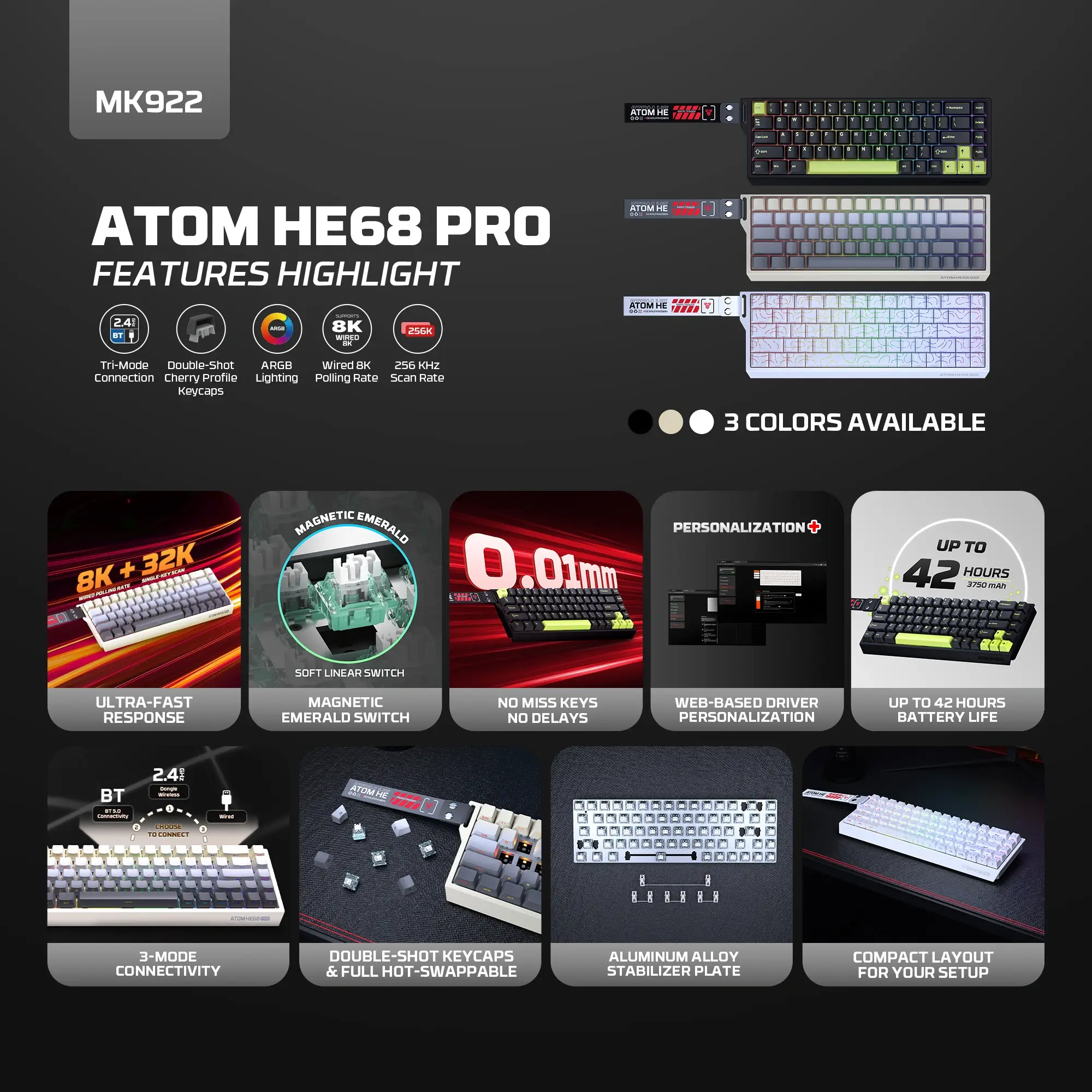 FANTECH MK922&nbsp;ATOM HE68 PRO Wireless Magnetic Gaming Keyboard