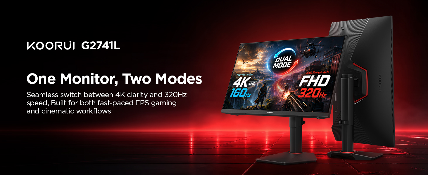 KOORUI 27 4K Gaming Monitor Dual Mode UHD 160Hz or FHD 320Hz, Fast IPS 1ms, FreeSync G-SYNC