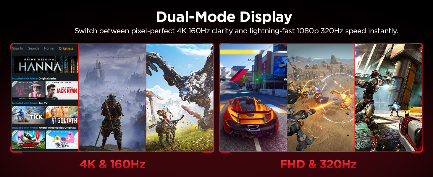 KOORUI 27 4K Gaming Monitor Dual Mode UHD 160Hz or FHD 320Hz, Fast IPS 1ms, FreeSync G-SYNC