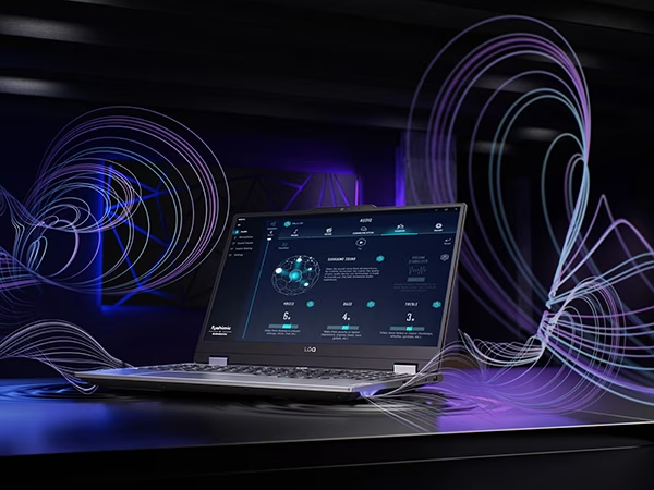 Lenovo LOQ 15IRX9 gaming laptop – right-front view, lid open, with wavy graphics illustrating 3D audio emanating outward