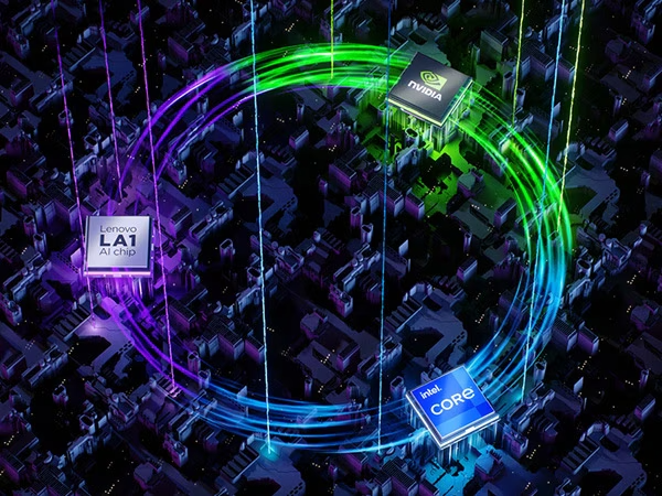 Closeups of LA1 AI chip, Intel® Core™ CPU, and NVIDIA® GPU in a circle, with lines illustrating dynamic settings adjustment within a Lenovo LOQ 15IRX9 gaming laptop