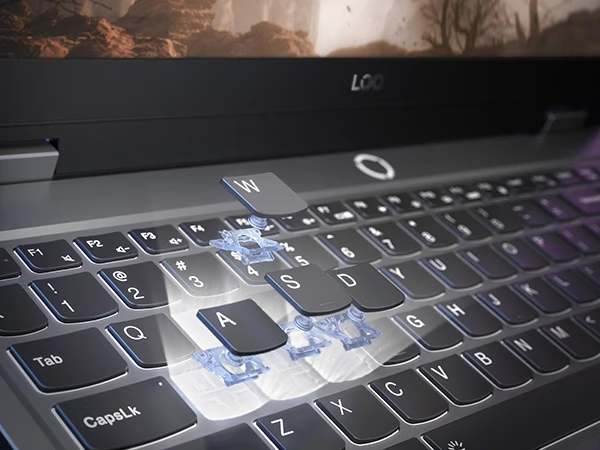 Lenovo LOQ 15IRX9 gaming laptop – closeup of keyboard, showing A, S, D, and W keys exploding outward