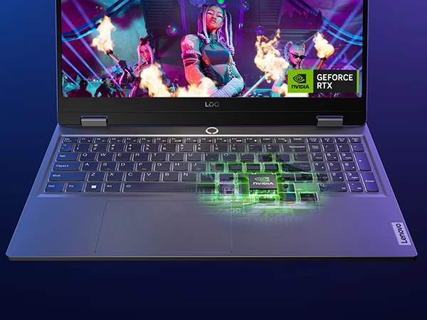 Lenovo LOQ 15IRX9 gaming laptop – front closeup of keyboard with x-ray view of NVIDIA GPU inside