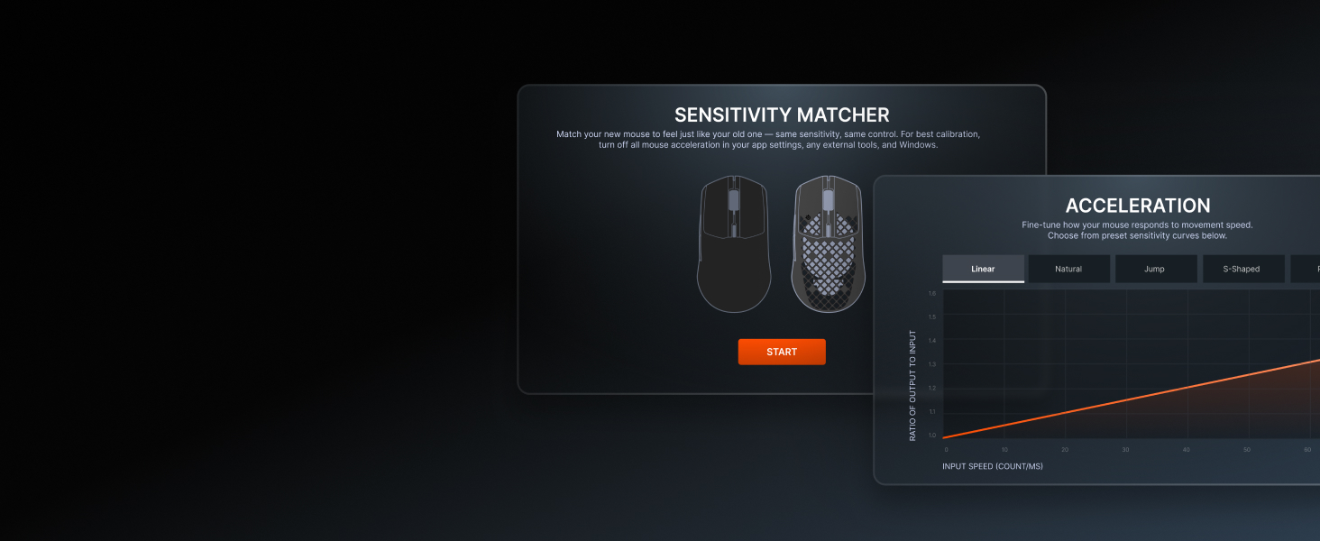Screenshots from software showing advanced tuning options for sensitivity and acceleration