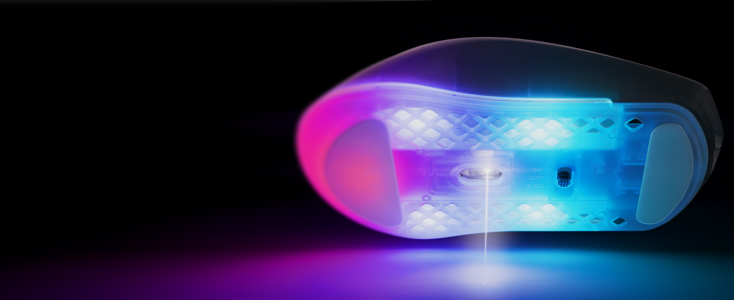 Image of the bottom of glowing RGB mouse with the sensor