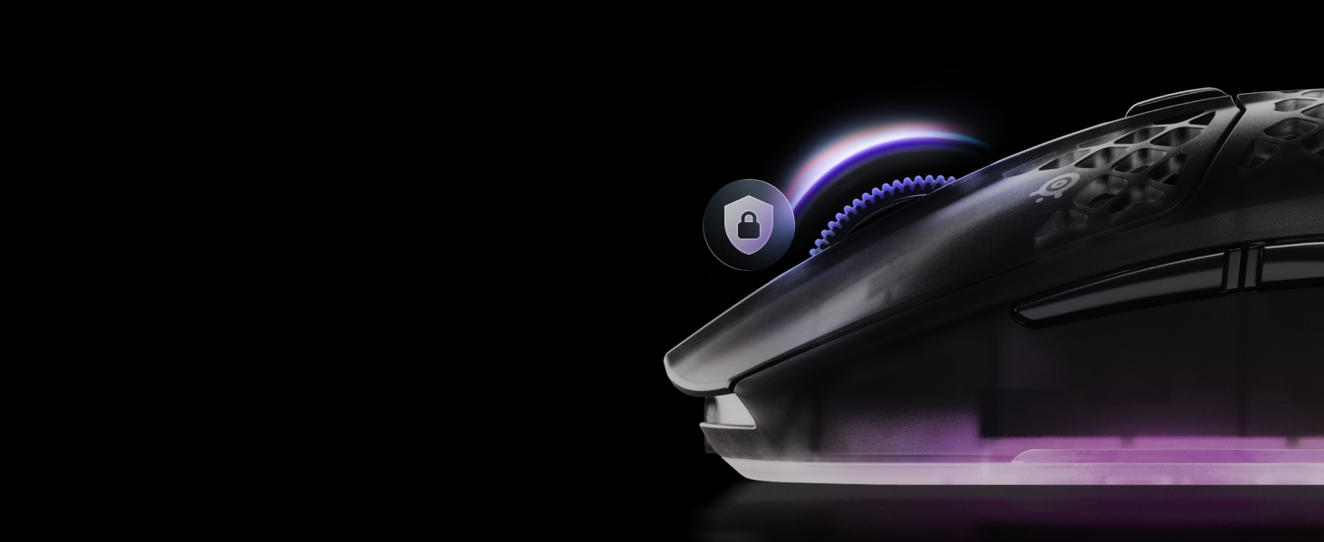 Image of the front of mouse with scroll wheel highlighted and a lock symbol above it