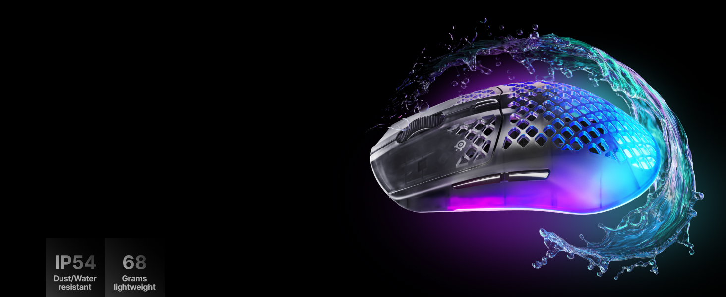 Image of mouse with water splash and text calling out IP54 rating for dust and water resistance