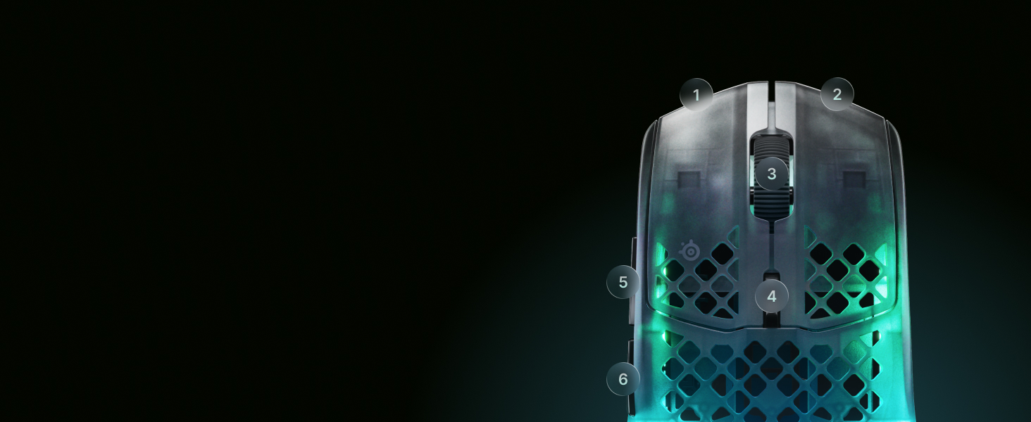 Image of the top of mouse showing the location of all six programmable buttons