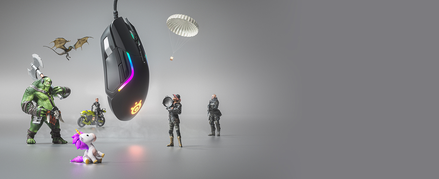 -SteelSeries Rival 5 mouse floating surrounded by SteelSeries troll and other 3D game characters