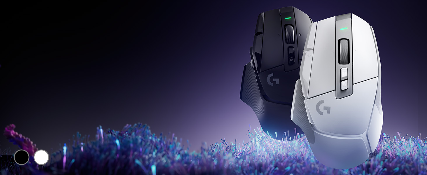 Front angle of G502 X Lightspeed in black and in white