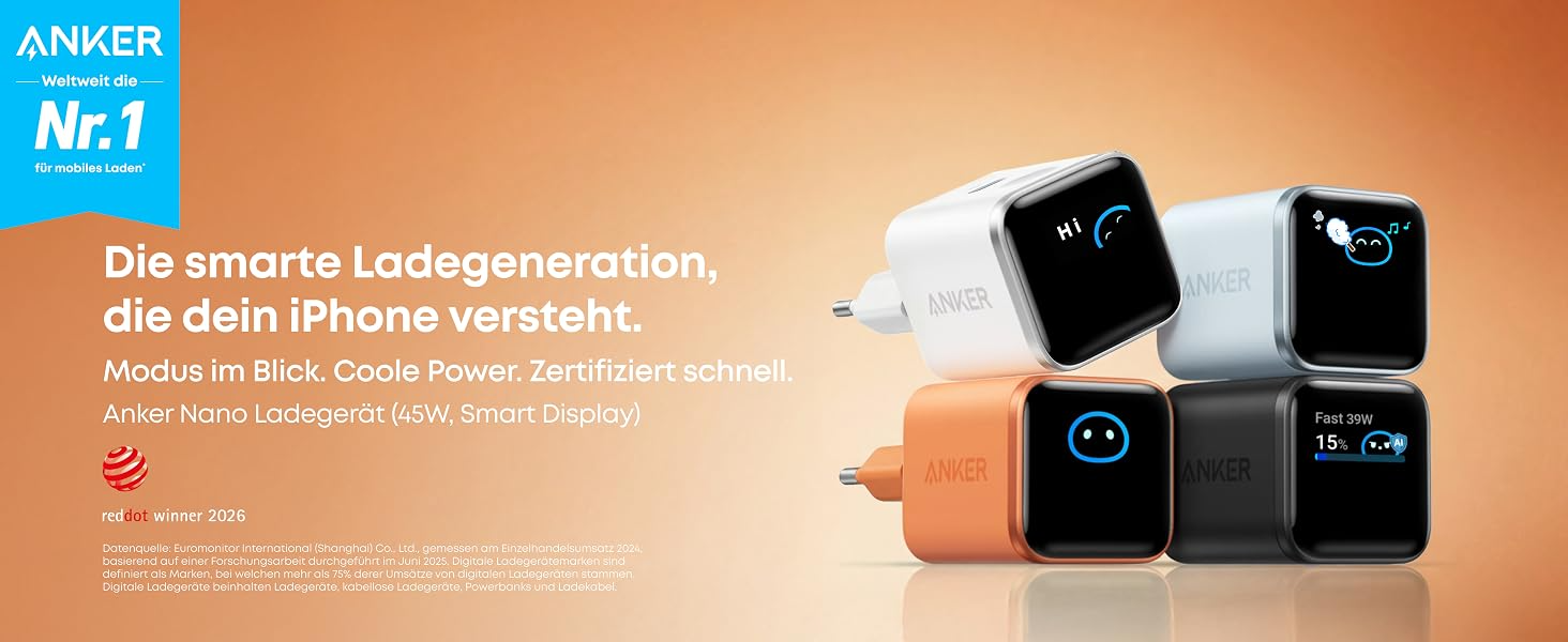 Der Text lautet „ANKER“, „Nr.1“, „Die smarte Ladegeneration, die dein iPhone verstärkt“. Orangefarbenes Wandsteckdosenladegerät mit schwarzen modularen Ladeblöcken, die auf einem orangefarbenen Hintergrund mit Farbverlauf angeordnet sind und die intelligente Ladetechnologie anzeigen.