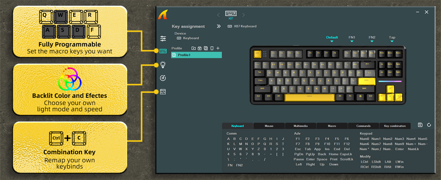 keyboard comes with custom driver software personalize key functions set up key programs