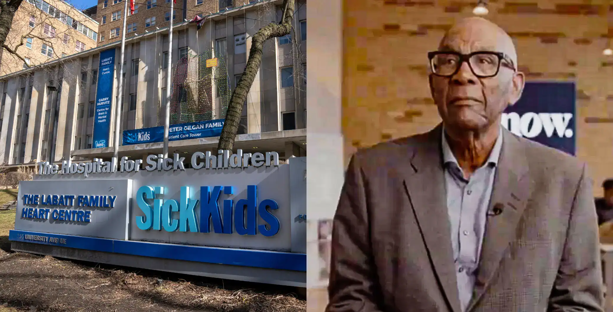 Accessible medical facility in Toronto with SickKids signage, pediatric hospital and research centre.