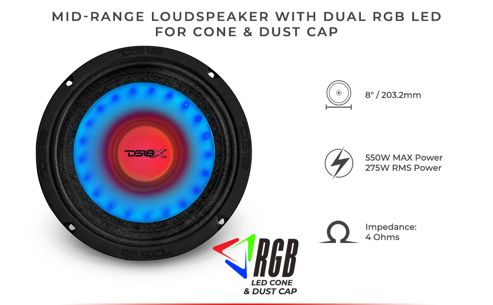 8” Mid-Range Loudspeaker with Dual RGB LED & 550W Max