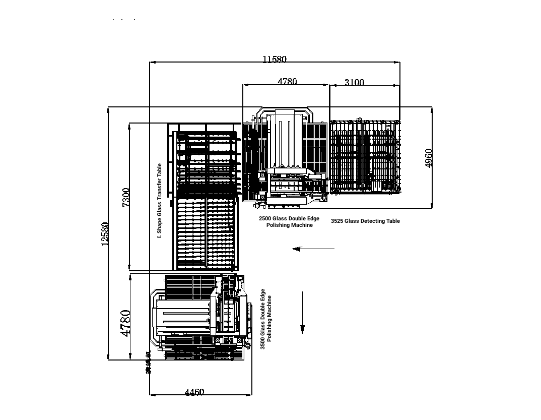 Figure 1 Schematic diagram of transfer connection of glass high-speed intelligent edge grinding production line