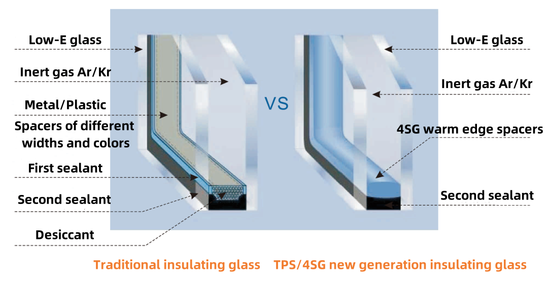 Figure 1 The comparison between traditional insulating glass and TPS insulating glass