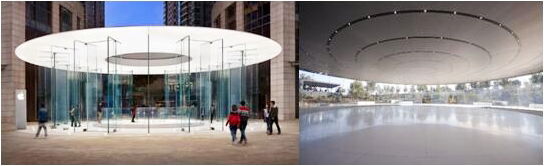 Figure 3.4 Apple Flagship Store in Kunming, China; Steve Jobs Theater at Apple Headquarters, USA