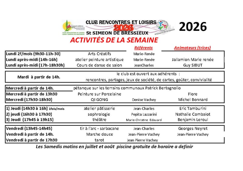 RECAP ACTIVITÉS HEBDOMADAIRE