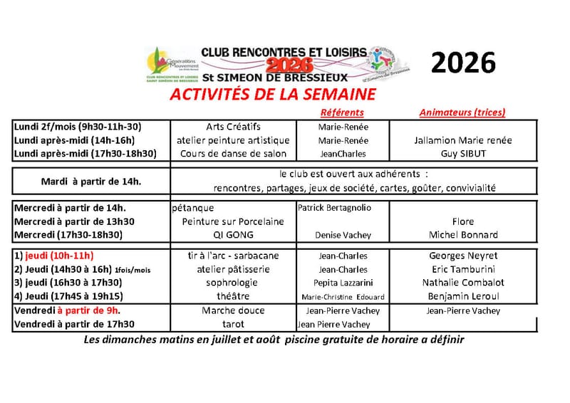 RECAP ACTIVITÉS HEBDOMADAIRE